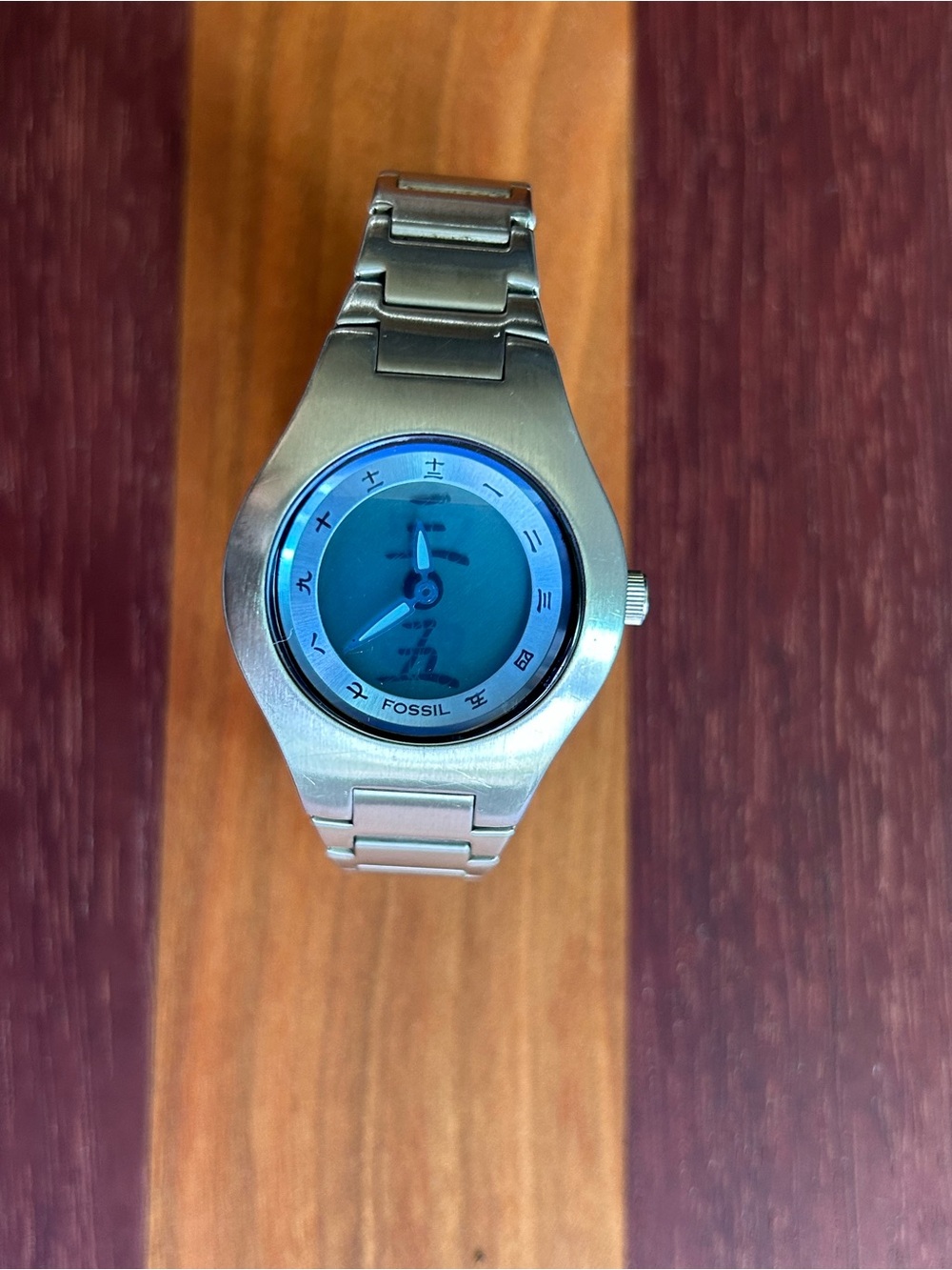 Vintage Fossil Big Tic JR-8000 Blue Kanji Stainless S… - Gem